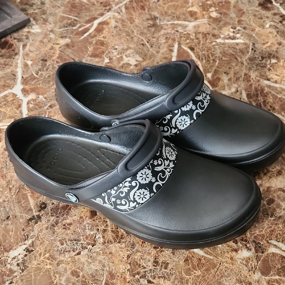 CROCS Black and Gray Floral Mules - Picture 2 of 5
